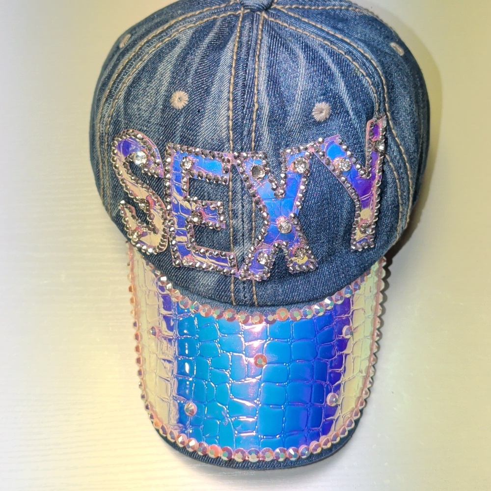 Baseball Hat Cap Trucker 90's Y2K Rhinestone Bling Sparkle Jean Denim Hip Hop